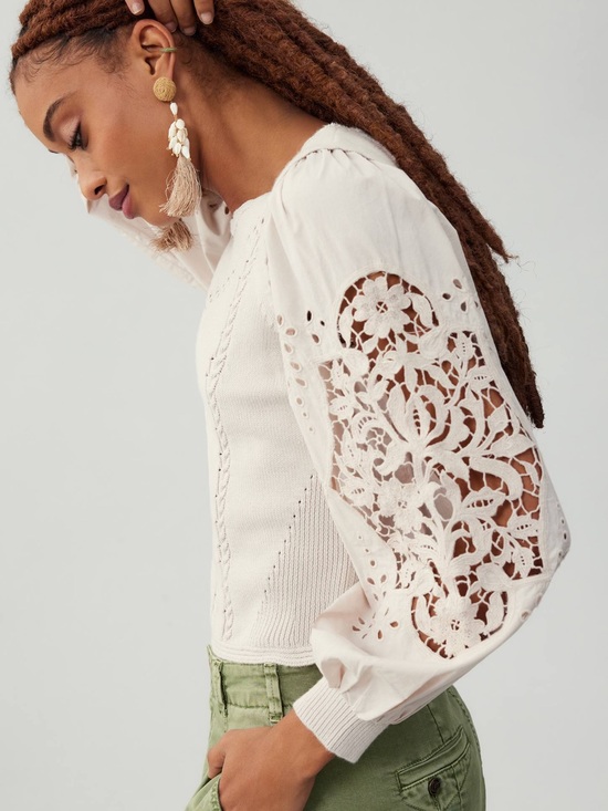 Anthropologie Sweaters - By Anthropologie Cutwork Puff-Sleeve Cotton Sweater - Large